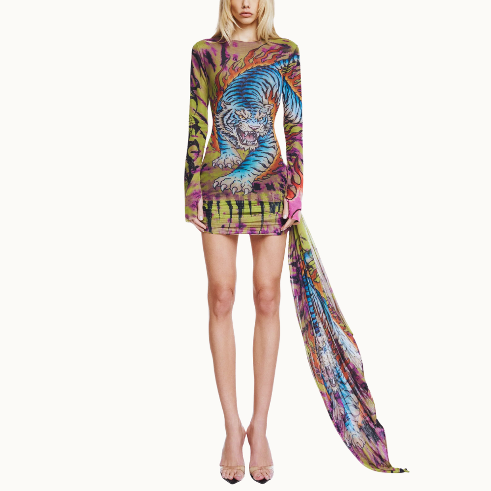 MINI SAIA DRAPEADA FAIXA LATERAL TULE TATTOO TIGRE TIE DYE