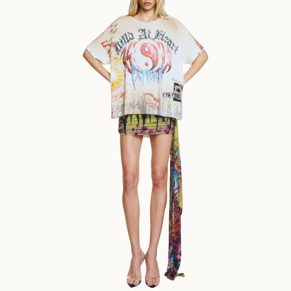 MINI SAIA DRAPEADA FAIXA LATERAL TULE TATTOO TIGRE TIE DYE