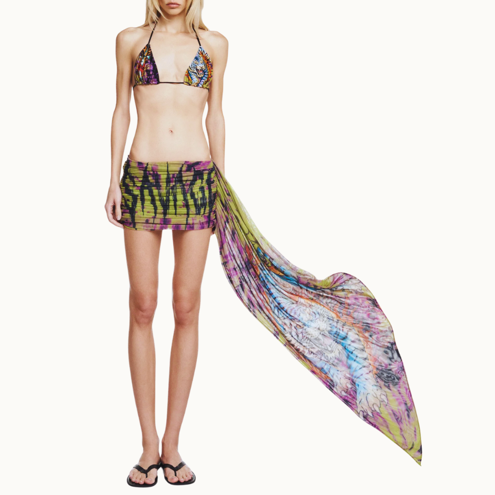 MINI SAIA DRAPEADA FAIXA LATERAL TULE TATTOO TIGRE TIE DYE