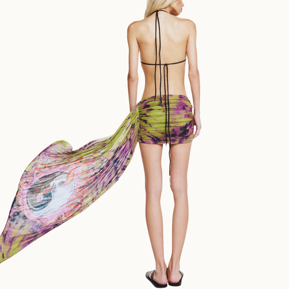 MINI SAIA DRAPEADA FAIXA LATERAL TULE TATTOO TIGRE TIE DYE