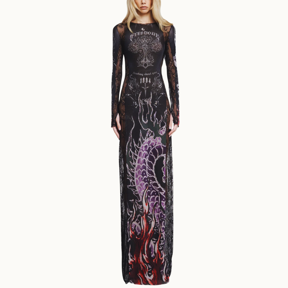 VESTIDO LONGO MANGA LONGA TULE E RENDA TATTOO DRAGÃO