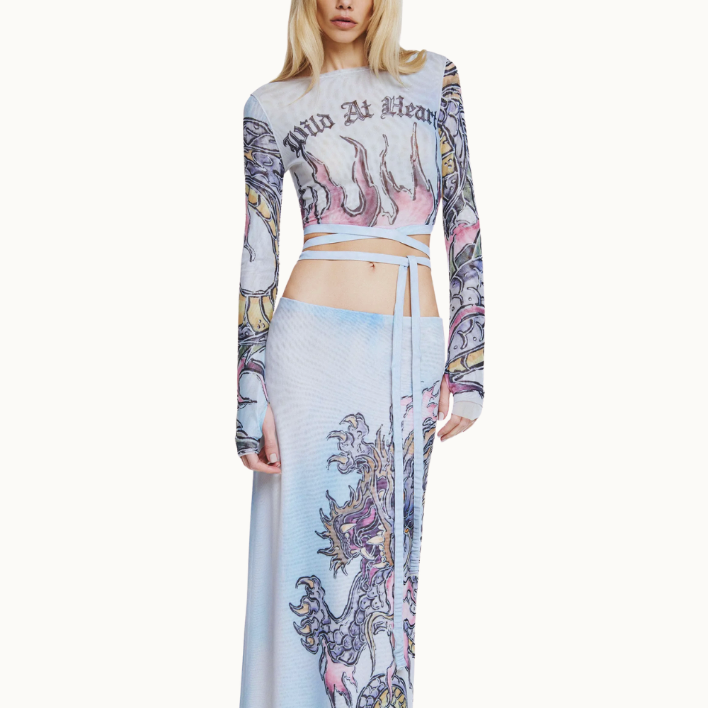 BLUSA CROPPED MANGA LONGA TULE TATTOO DRAGÃO