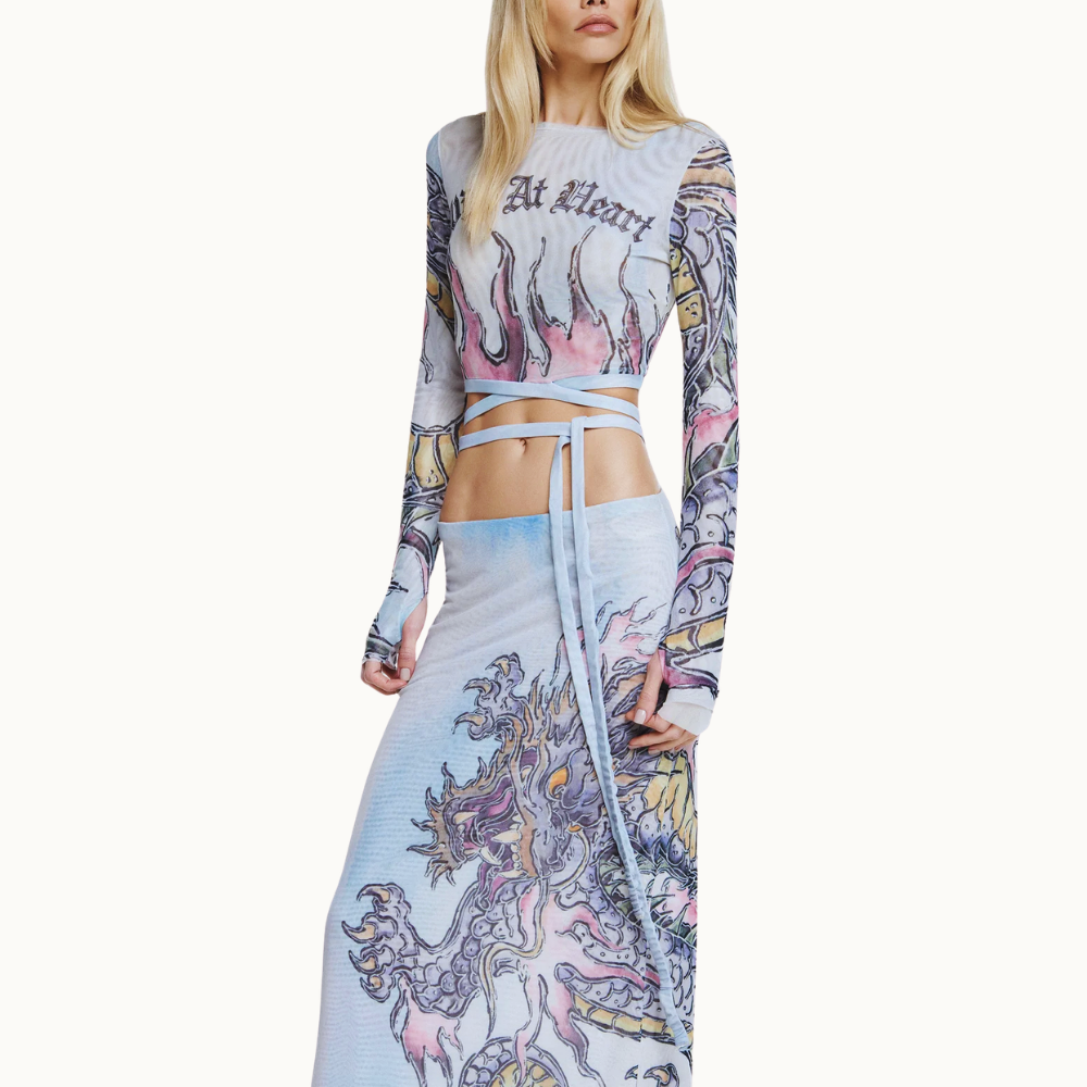 BLUSA CROPPED MANGA LONGA TULE TATTOO DRAGÃO
