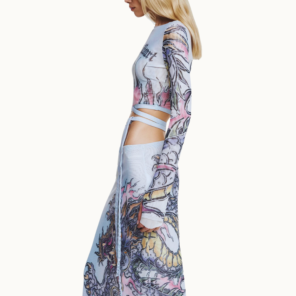 BLUSA CROPPED MANGA LONGA TULE TATTOO DRAGÃO