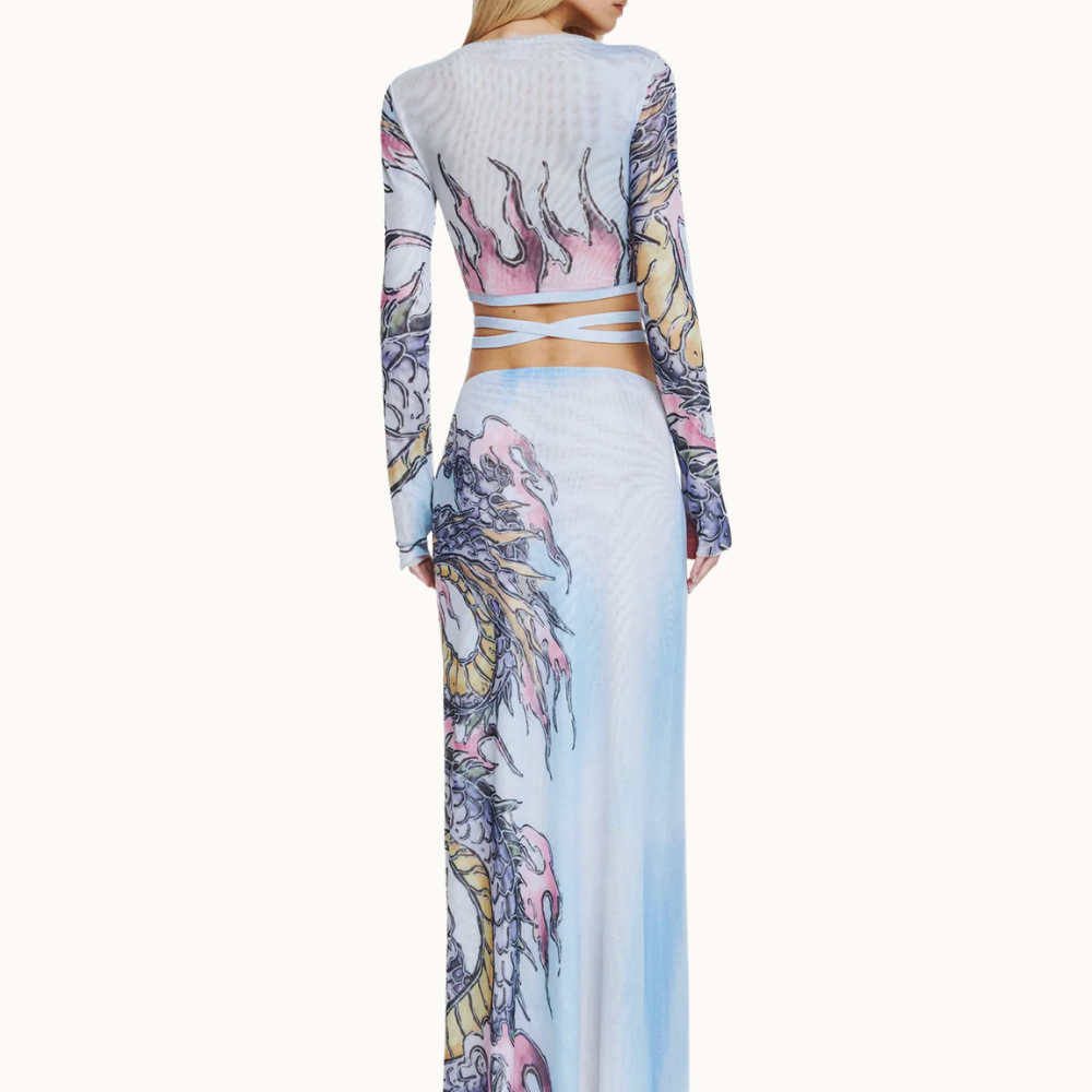 BLUSA CROPPED MANGA LONGA TULE TATTOO DRAGÃO