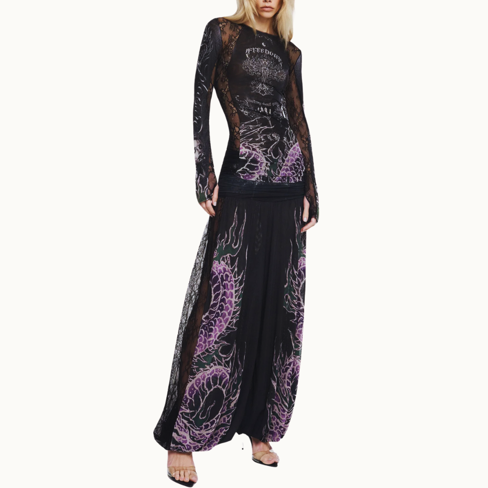 BLUSA MANGA LONGA TULE E RENDA TATTOO DRAGÃO