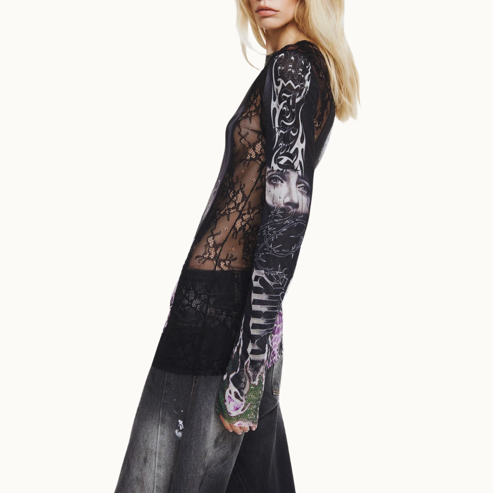BLUSA MANGA LONGA TULE E RENDA TATTOO DRAGÃO