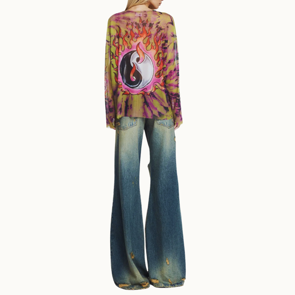 CALÇA JEANS AMARELADA RASGOS FLARE CINTURA BAIXA