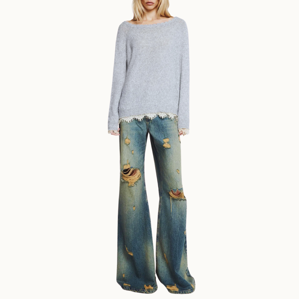 BLUSA TRICOT CINZA RENDA BARRA