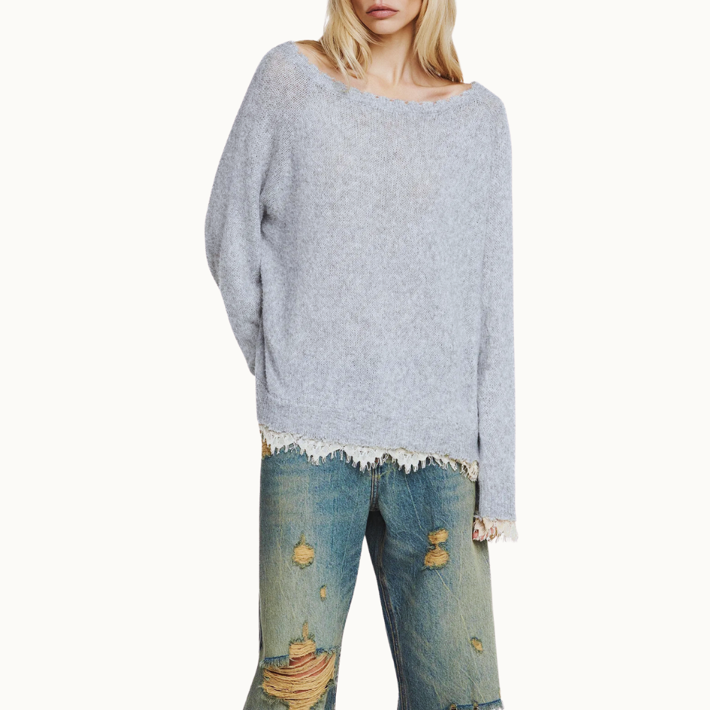 BLUSA TRICOT CINZA RENDA BARRA