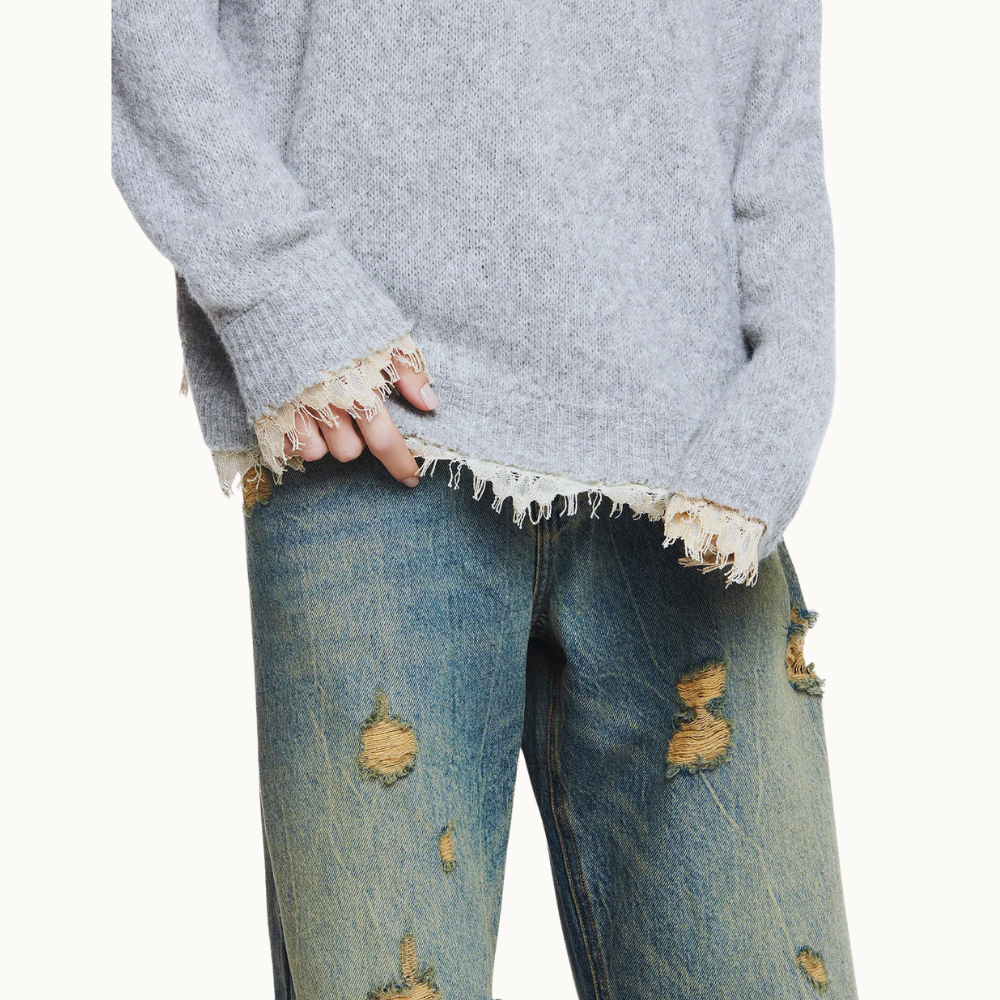 BLUSA TRICOT CINZA RENDA BARRA