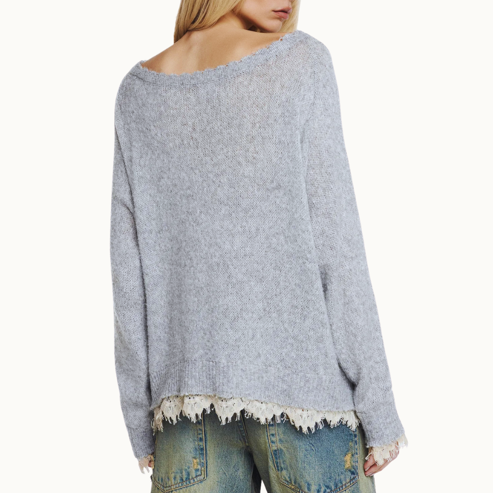 BLUSA TRICOT CINZA RENDA BARRA
