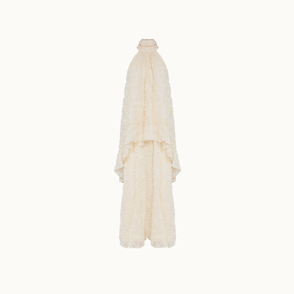 VESTIDO FESTA LONGO SEM MANGA MULLET BORDADO CREME