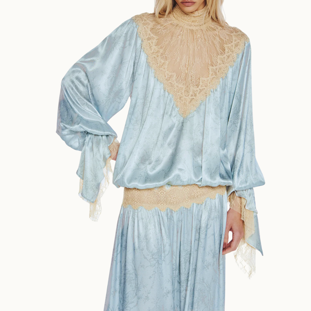 BLUSA MANGA LONGA CETIM LAÇO GOLA RENDA BEGE