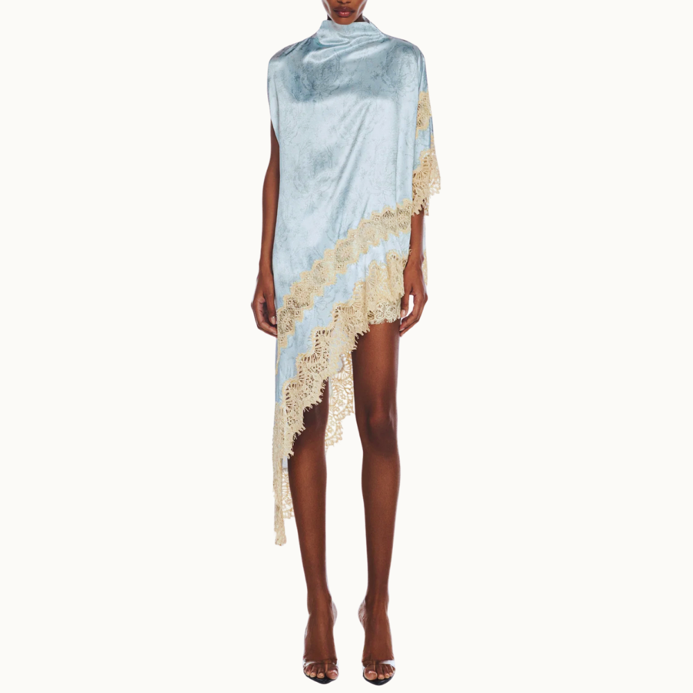 BLUSA KAFTAN ASSIMÉTRICA CETIM LAÇO RENDA BEGE