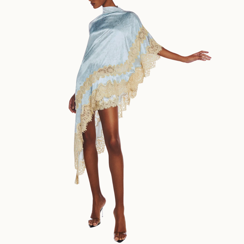 BLUSA KAFTAN ASSIMÉTRICA CETIM LAÇO RENDA BEGE