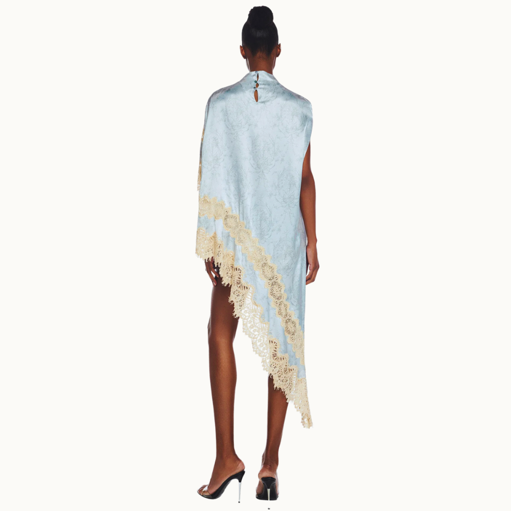 BLUSA KAFTAN ASSIMÉTRICA CETIM LAÇO RENDA BEGE