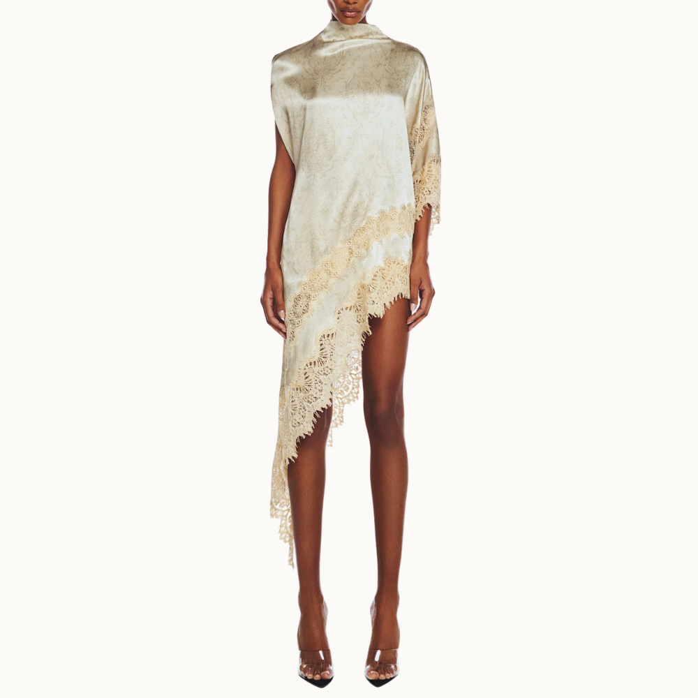 BLUSA KAFTAN ASSIMÉTRICA CETIM LAÇO RENDA BEGE