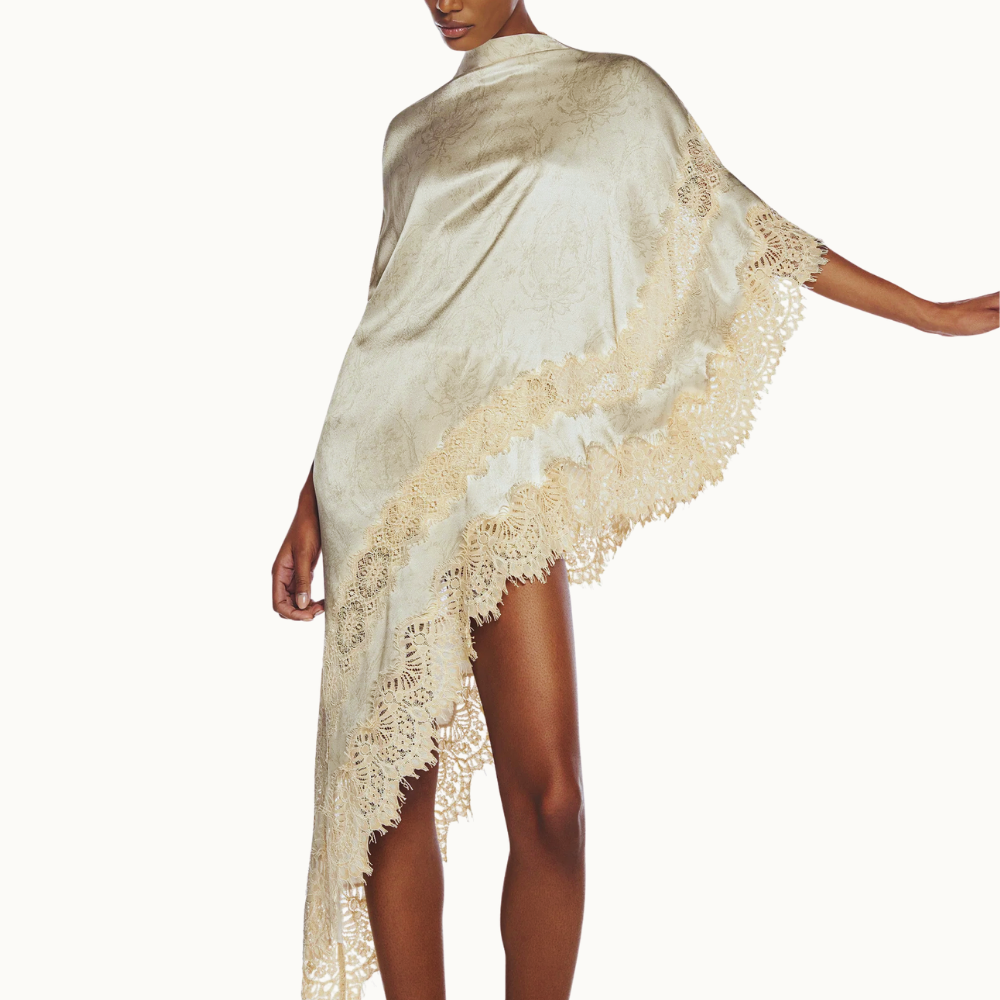 BLUSA KAFTAN ASSIMÉTRICA CETIM LAÇO RENDA BEGE
