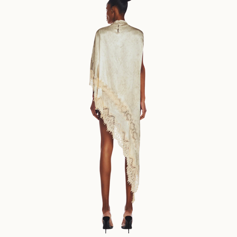 BLUSA KAFTAN ASSIMÉTRICA CETIM LAÇO RENDA BEGE