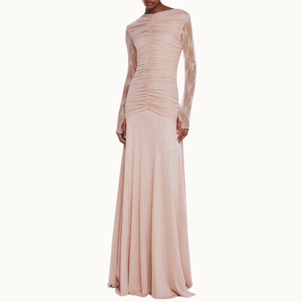 VESTIDO LONGO MANGA LONGA RENDA CORPO DRAPEADO TULE ROSA