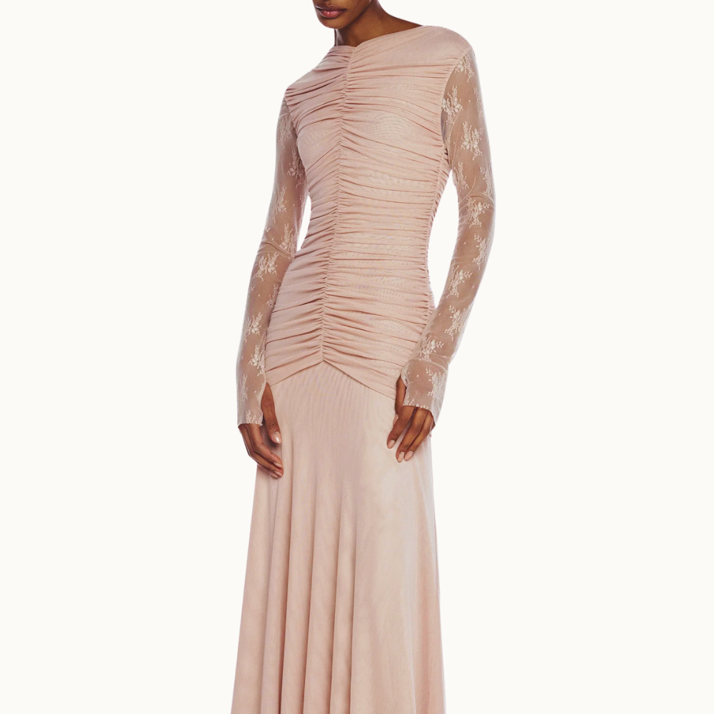 VESTIDO LONGO MANGA LONGA RENDA CORPO DRAPEADO TULE ROSA