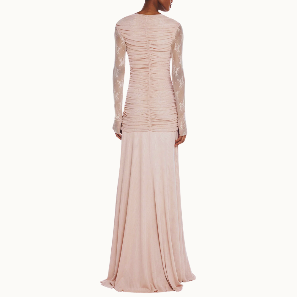 VESTIDO LONGO MANGA LONGA RENDA CORPO DRAPEADO TULE ROSA