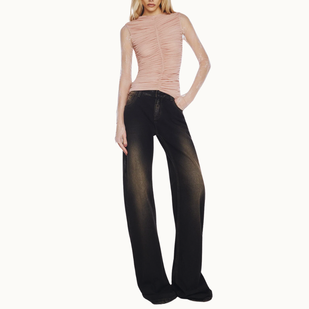 BLUSA MANGA LONGA RENDA CORPO DRAPEADO TULE ROSA