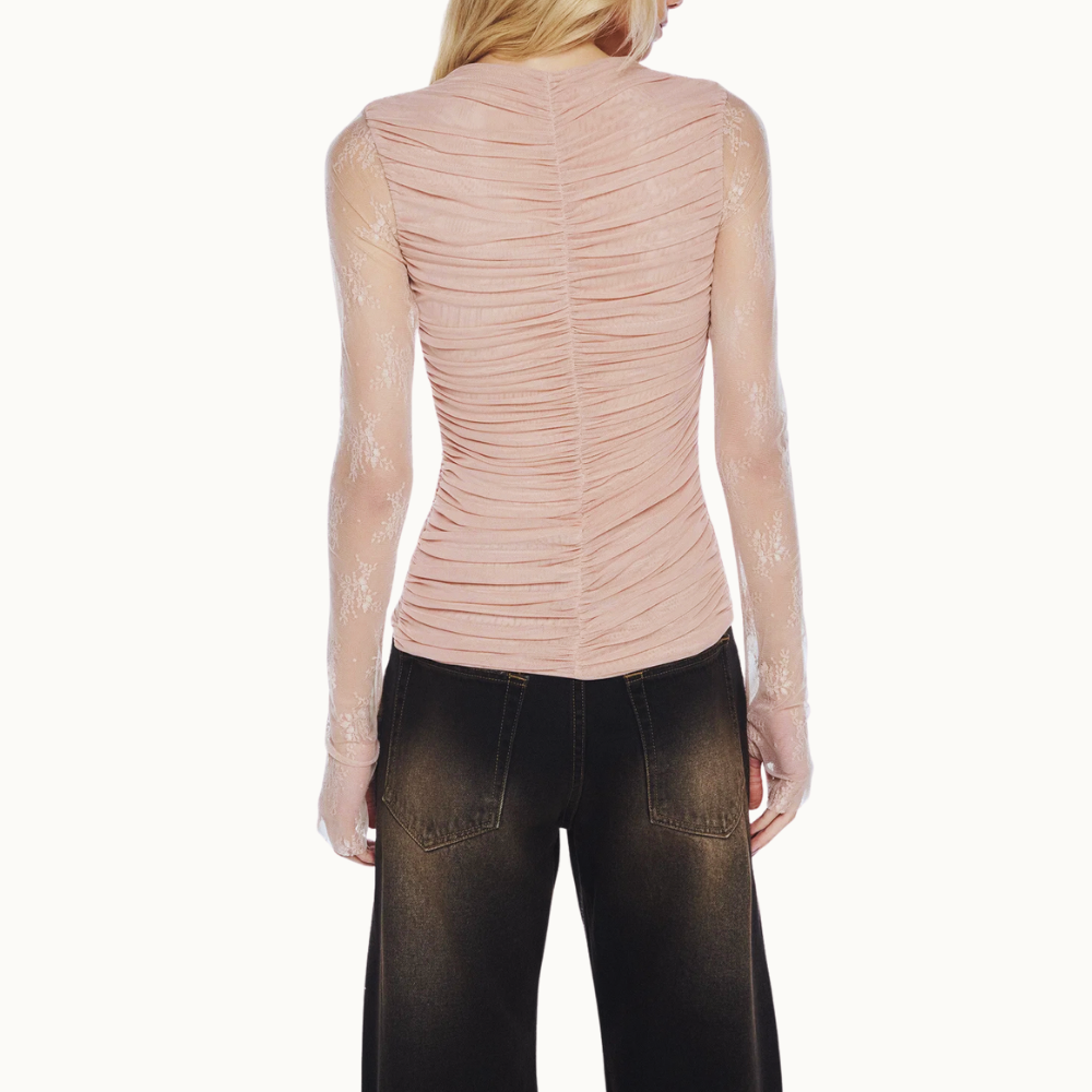 BLUSA MANGA LONGA RENDA CORPO DRAPEADO TULE ROSA