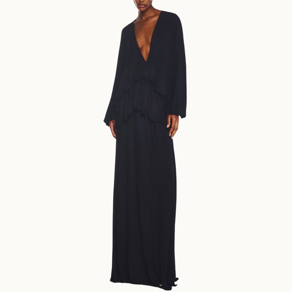 VESTIDO LONGO AMPLO MANGA LONGA DECOTE V BABADO BALONÊ MALHA