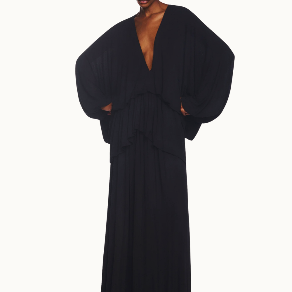 VESTIDO LONGO AMPLO MANGA LONGA DECOTE V BABADO BALONÊ MALHA