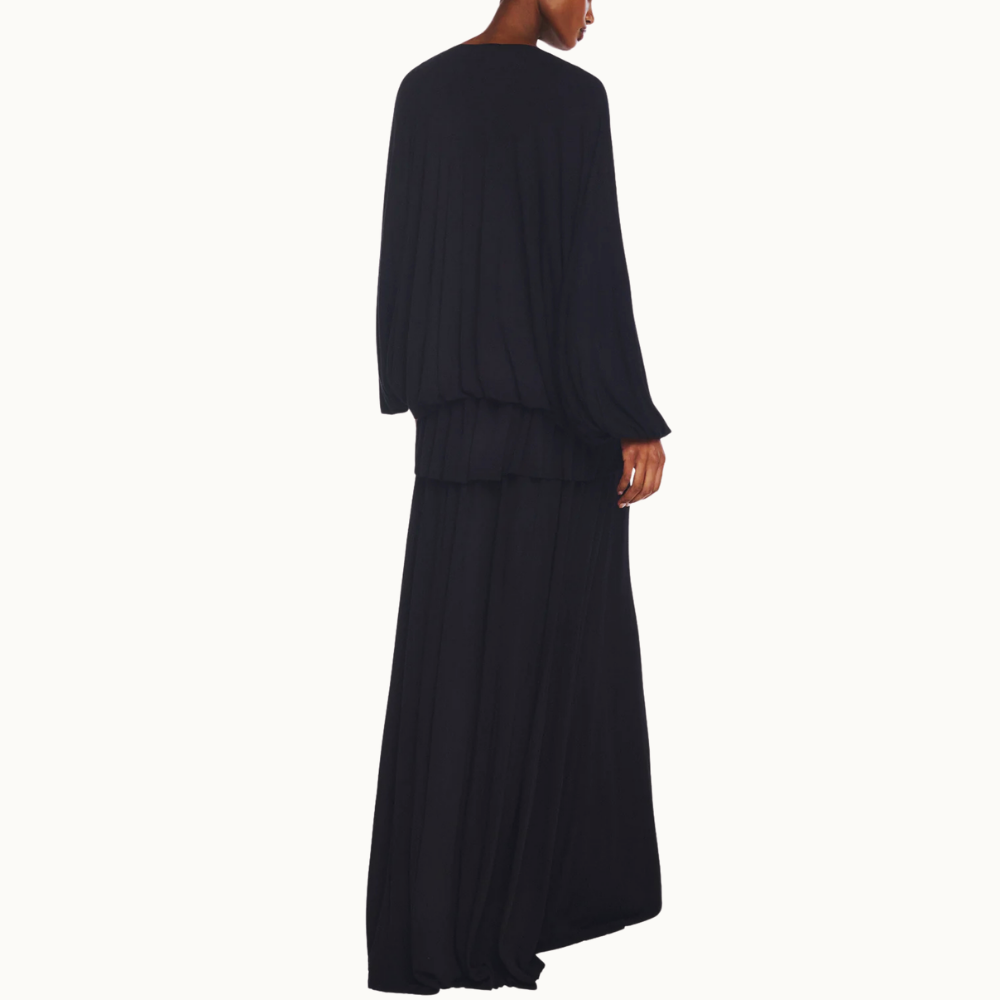 VESTIDO LONGO AMPLO MANGA LONGA DECOTE V BABADO BALONÊ MALHA