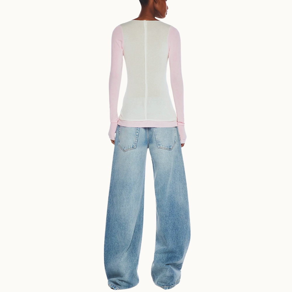 BLUSA MANGA LONGA BICOLOR MALHA BEGE E ROSA