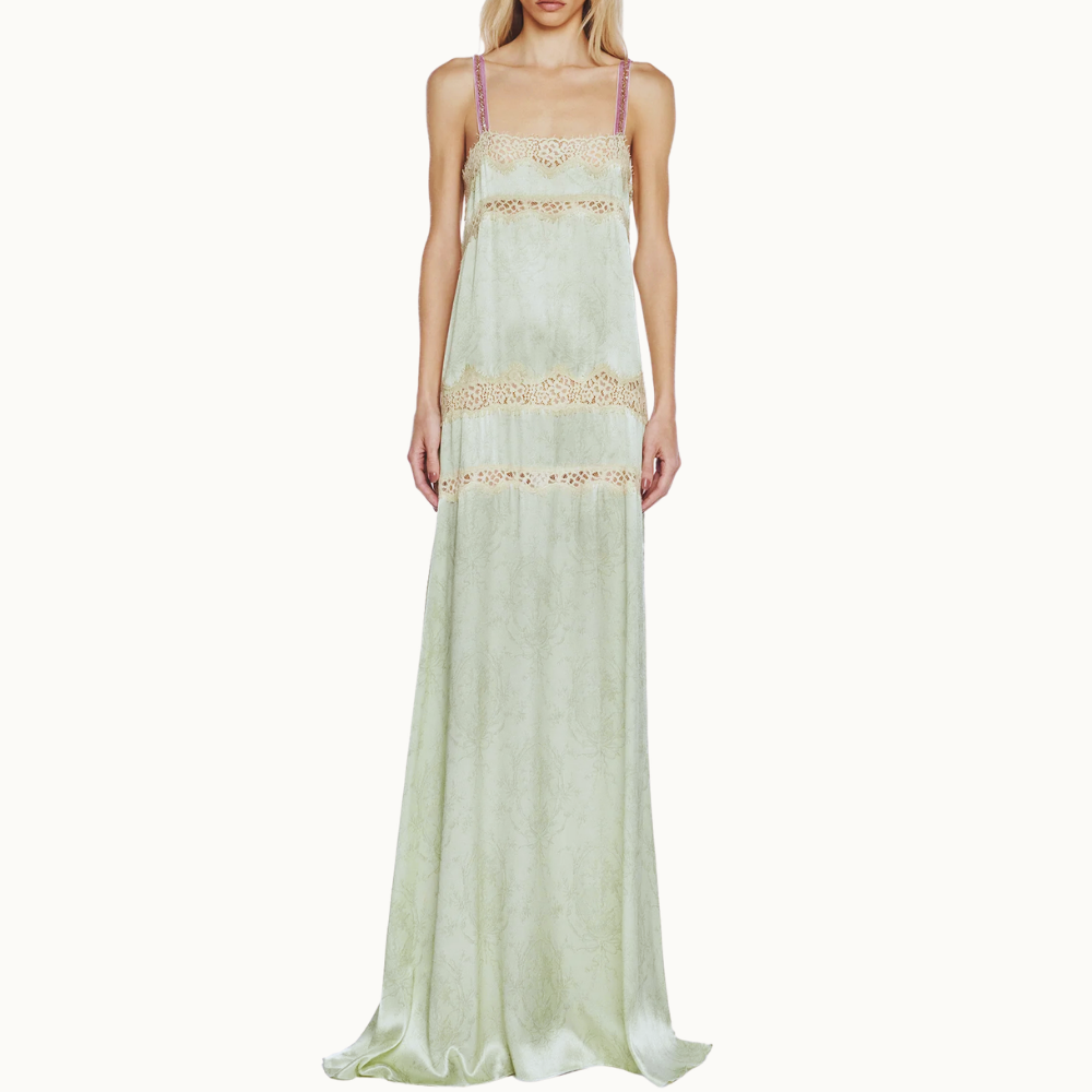 VESTIDO LONGO CETIM LAÇO VERDE RENDA BEGE