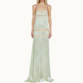 VESTIDO LONGO CETIM LAÇO VERDE RENDA BEGE
