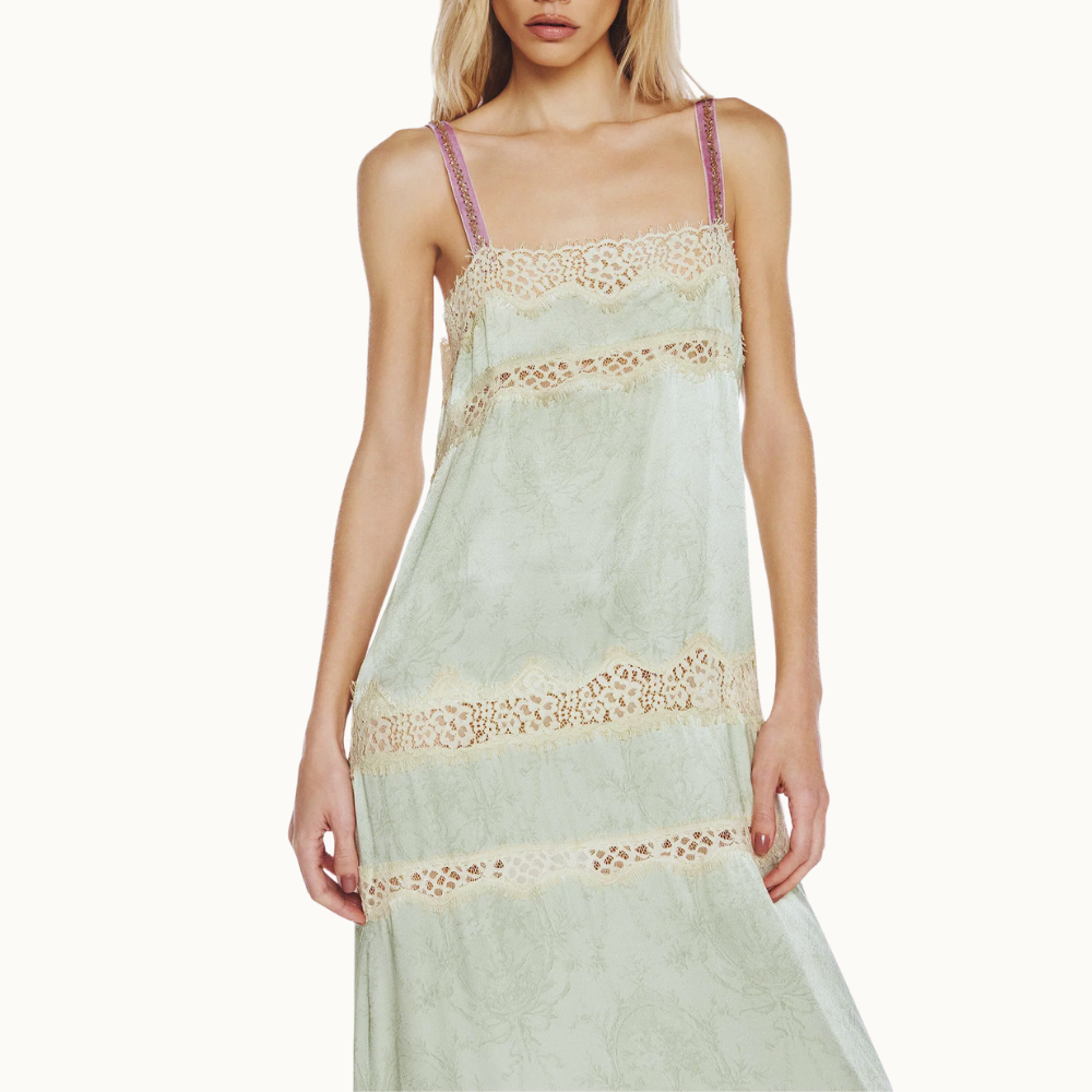 VESTIDO LONGO CETIM LAÇO VERDE RENDA BEGE
