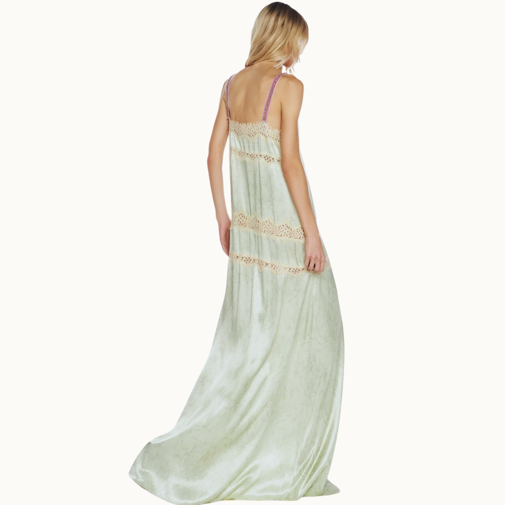 VESTIDO LONGO CETIM LAÇO VERDE RENDA BEGE