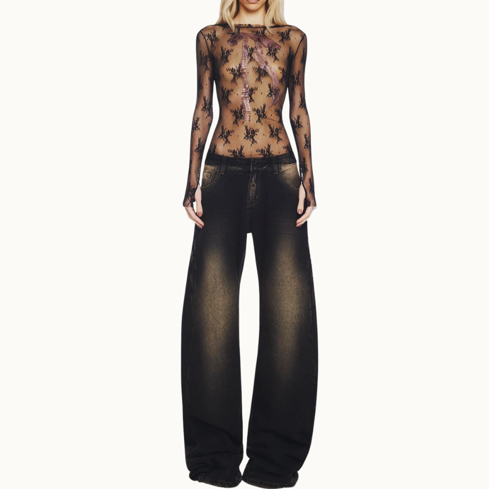 BLUSA MANGA LONGA RENDA LAÇO PEDRAS