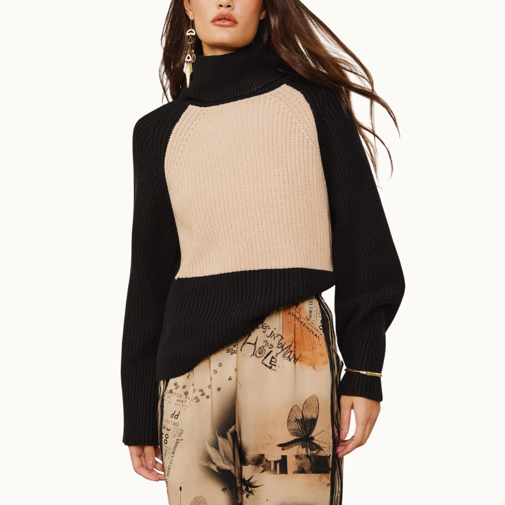 Blusão De Tricot Pull Bicolor Com Gola Alta