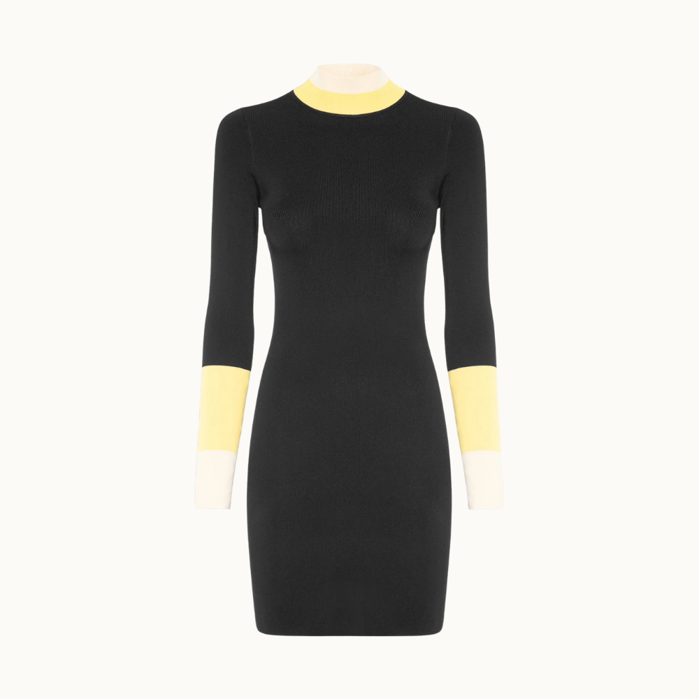 Vestido De Tricot Curto Detalhe Listra Larga Punho e Gola