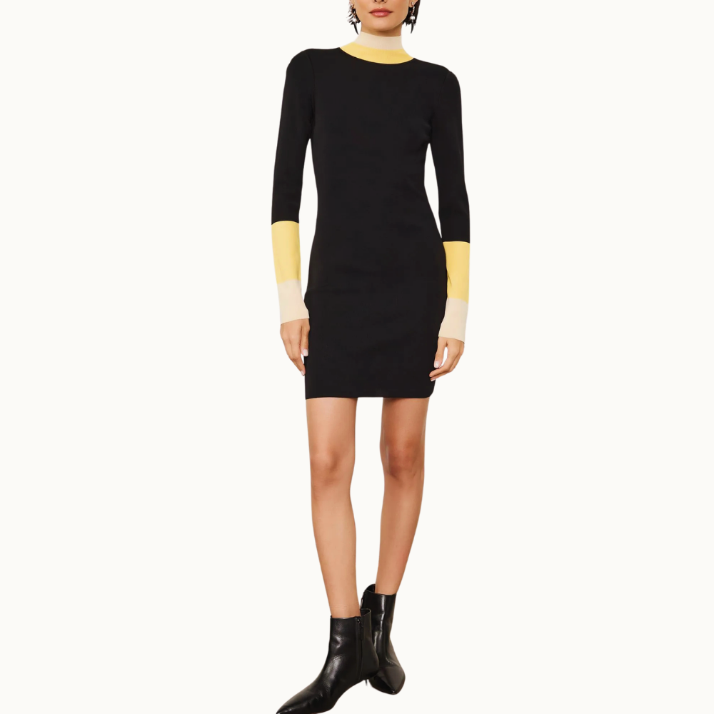 Vestido De Tricot Curto Detalhe Listra Larga Punho e Gola