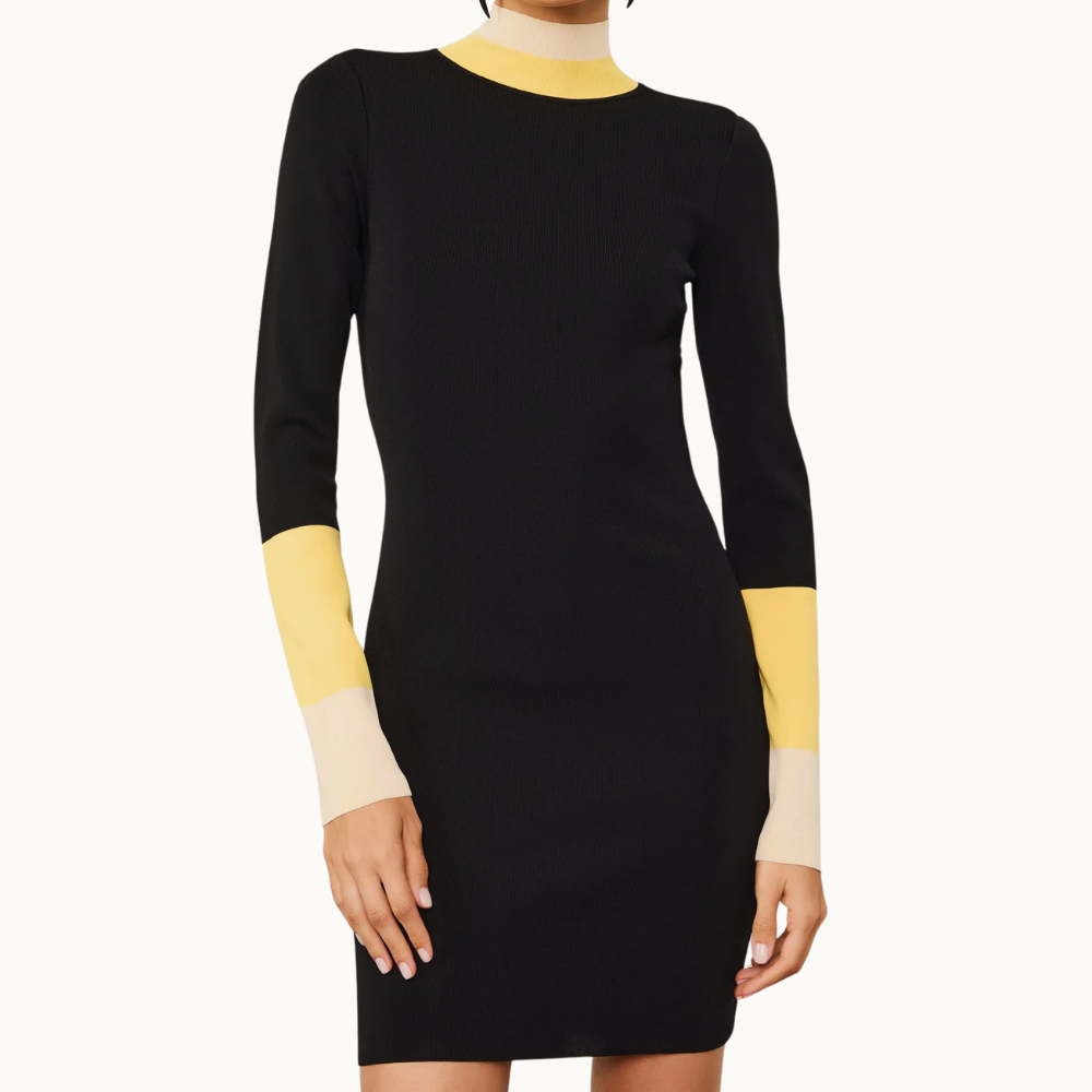 Vestido De Tricot Curto Detalhe Listra Larga Punho e Gola