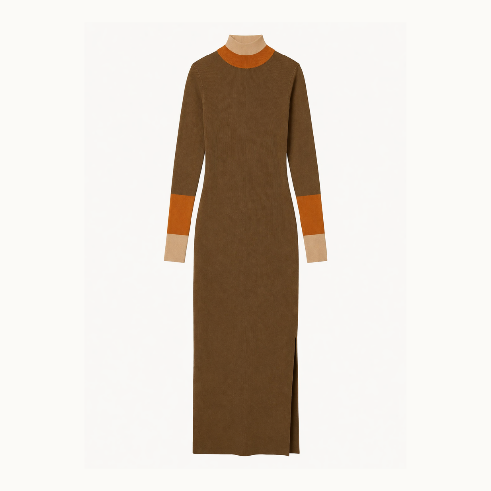 Vestido De Tricot Midi Detalhe Listra Larga Punho e Gola