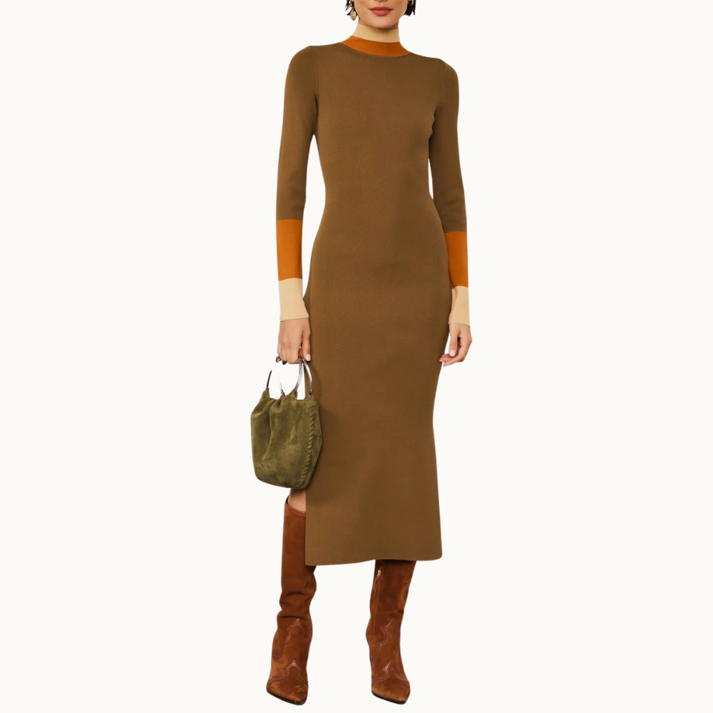 Vestido De Tricot Midi Detalhe Listra Larga Punho e Gola