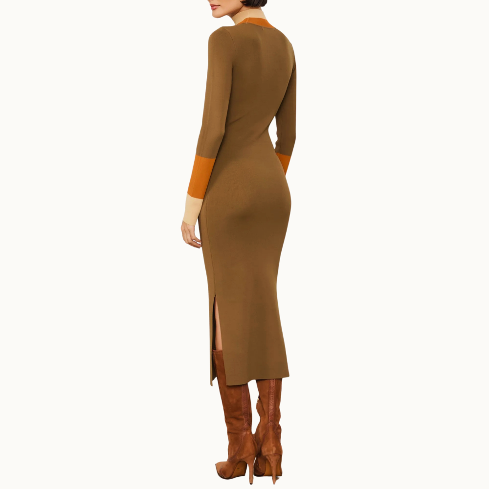 Vestido De Tricot Midi Detalhe Listra Larga Punho e Gola