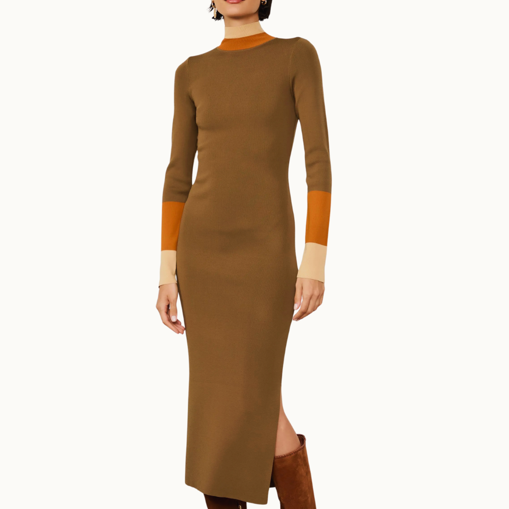 Vestido De Tricot Midi Detalhe Listra Larga Punho e Gola