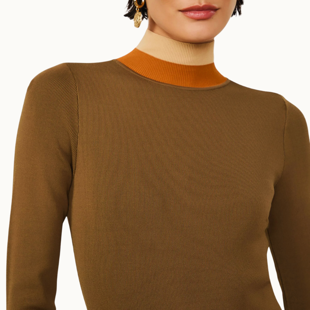 Vestido De Tricot Midi Detalhe Listra Larga Punho e Gola