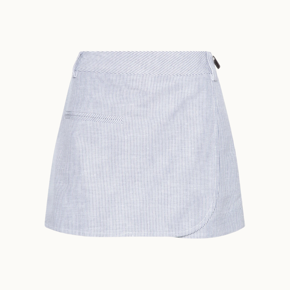 SHORT SAIA DE LINHO LISTRAS AZUL