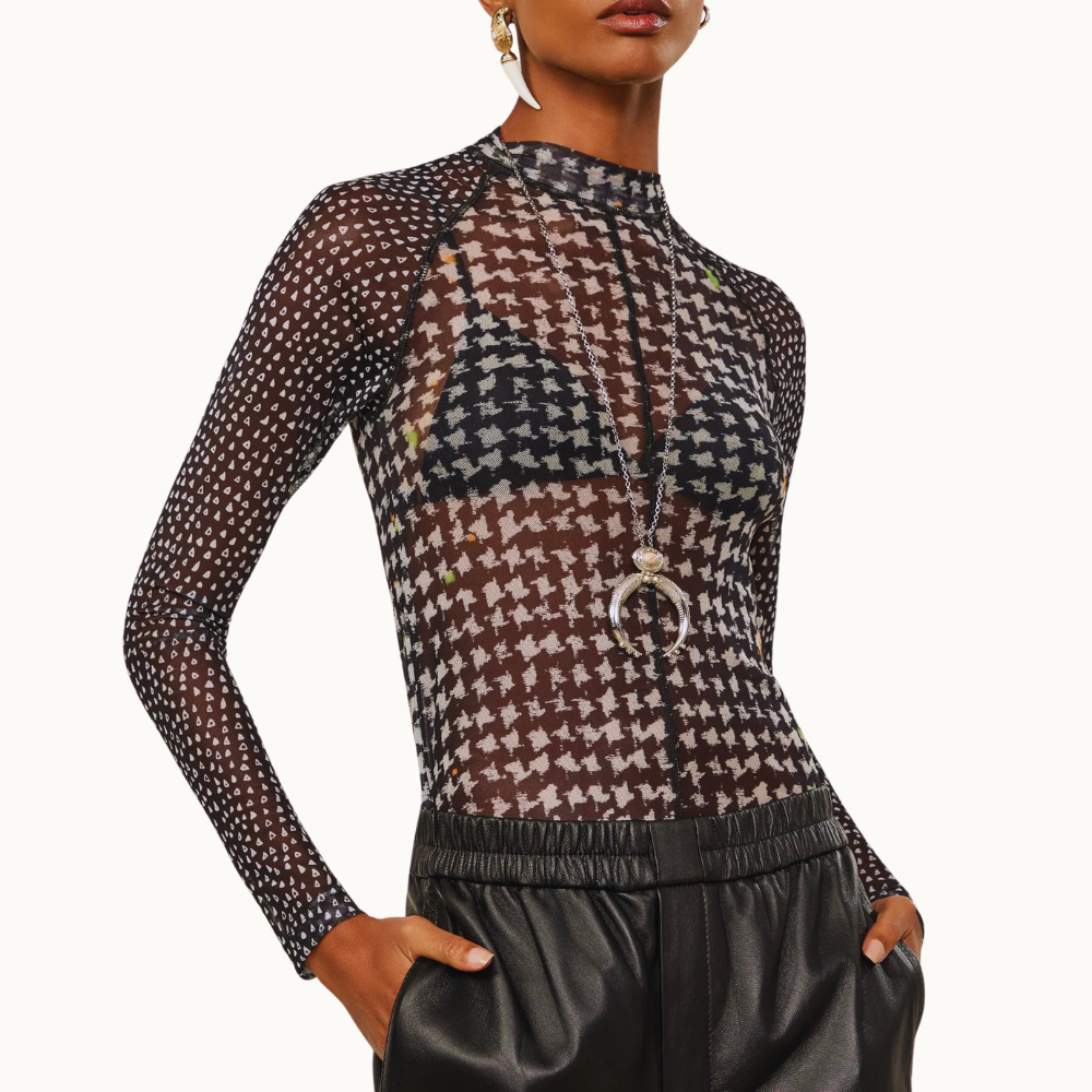 BLUSA DE TULE GOLA ALTA PIED DE POULE