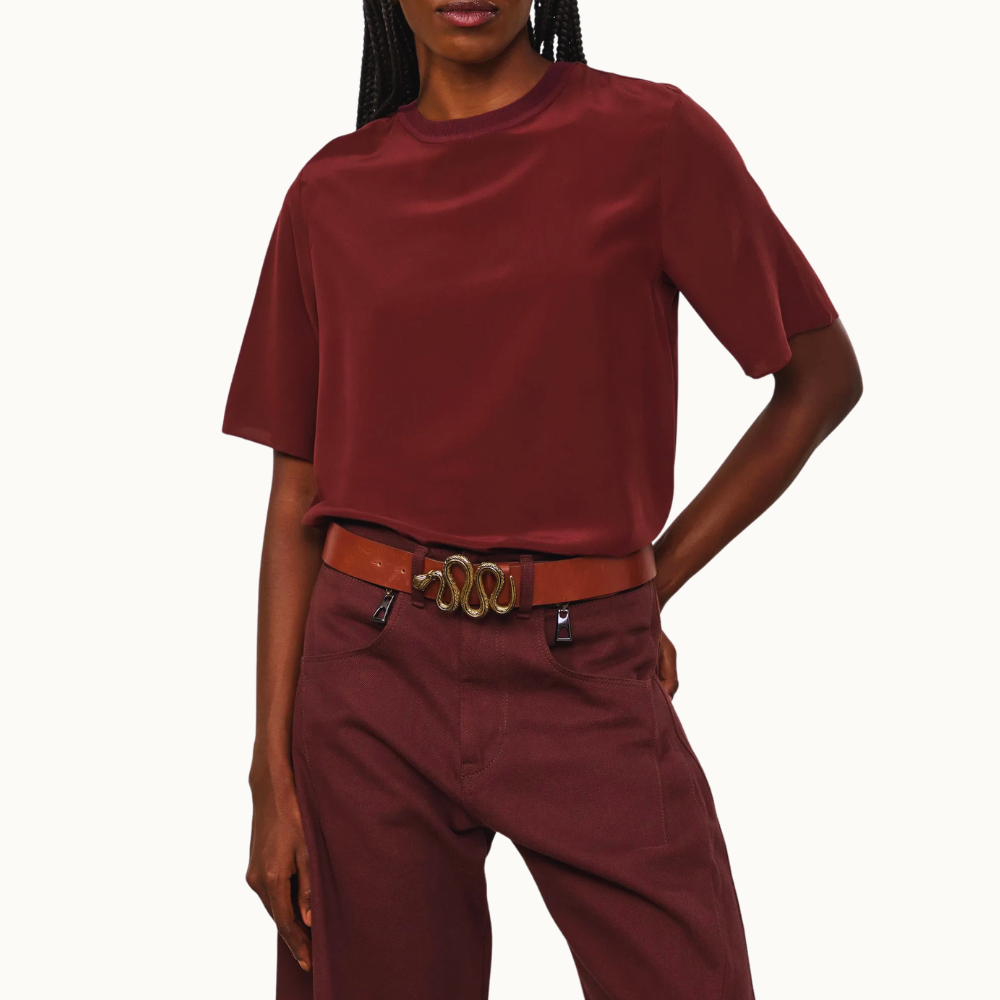 T-Shirt De Seda Bege Pret Gola Rib